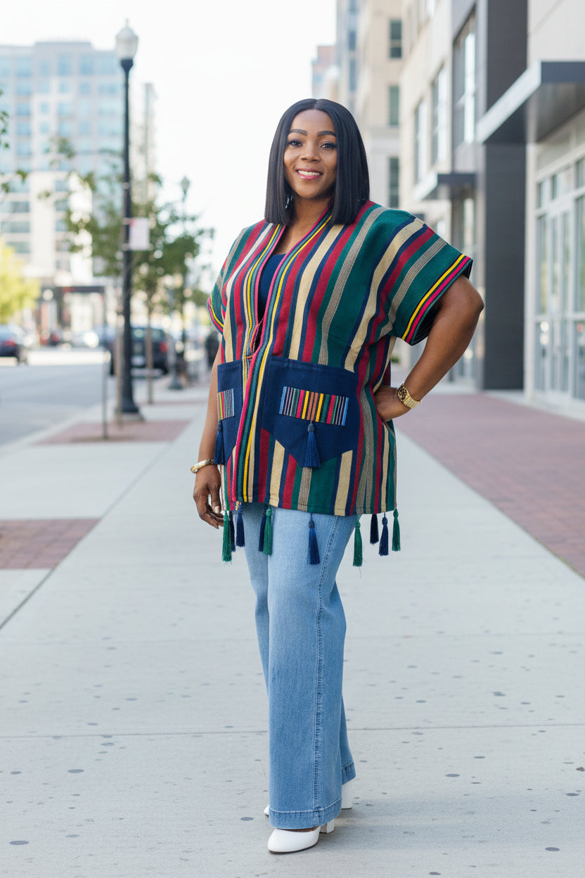 FOLASADE Blue Multi Aso Oke Tassled Kimono Short Jacket – Adriel