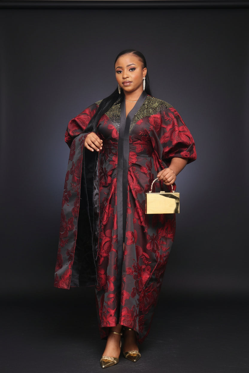 Red LAYO 2-Piece Lace Brocade Boubou With a Matching Turban