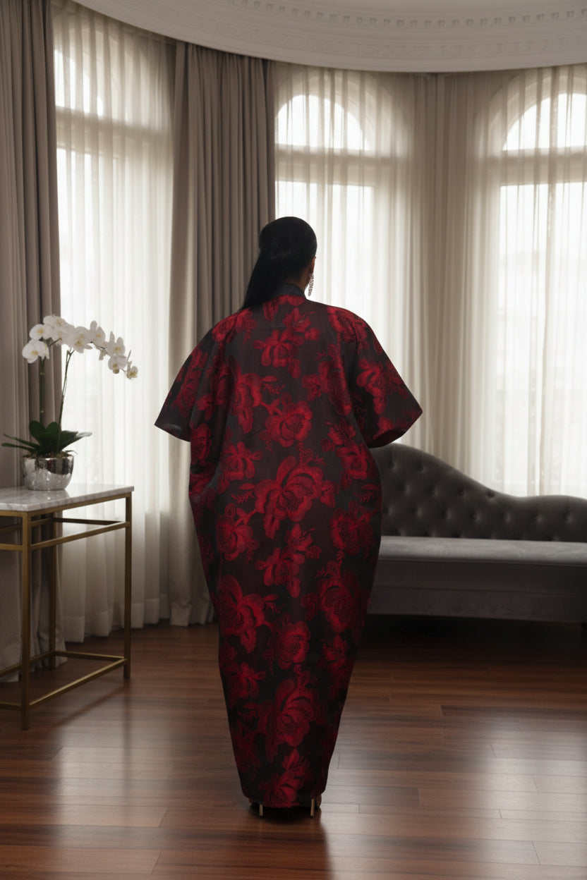 Red LAYO 2-Piece Lace Brocade Boubou With a Matching Turban