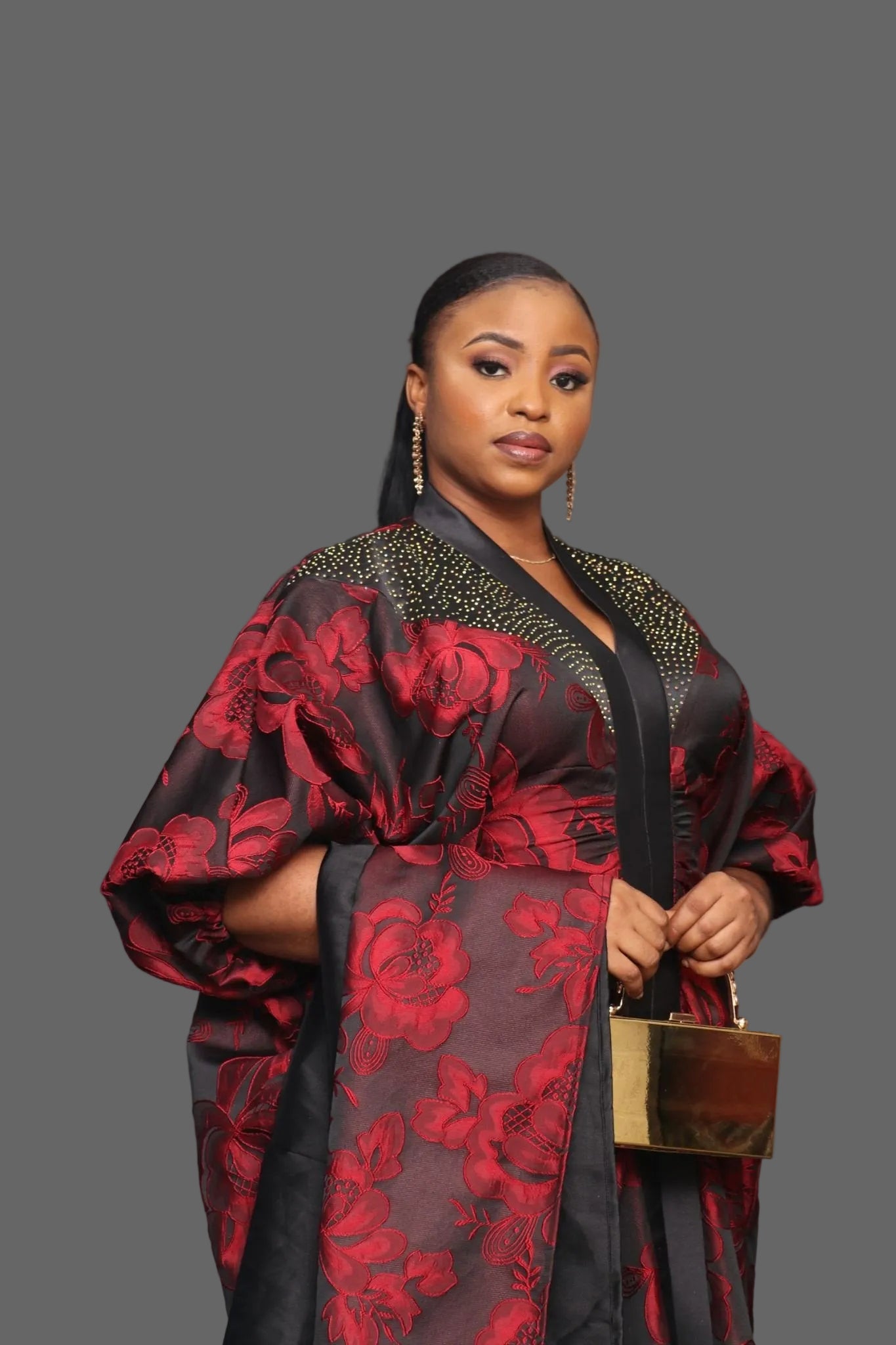 Red LAYO 2-Piece Lace Brocade Boubou With a Matching Turban