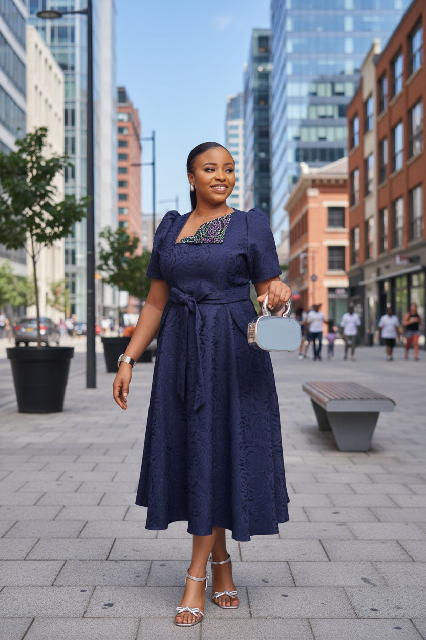 Embossed Self-tie Midi Dress with Rhinestone Embellished Neck Flap