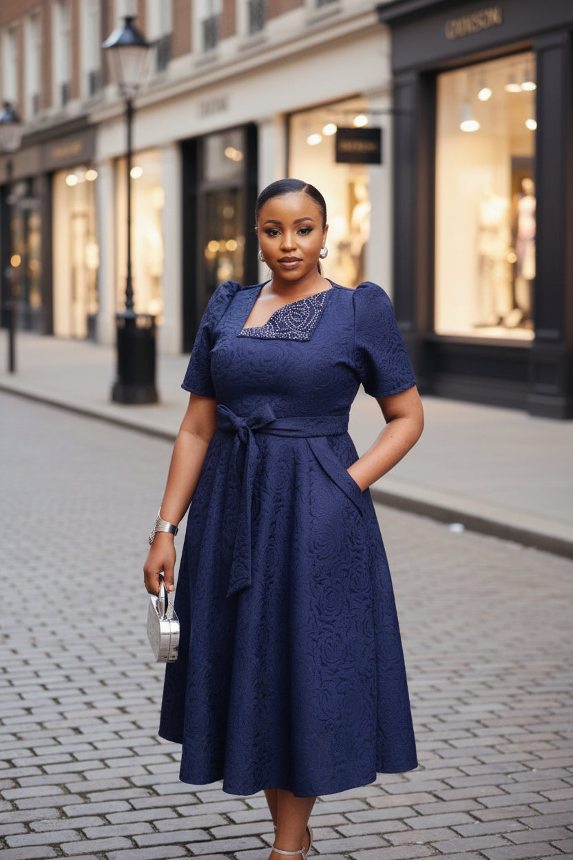 Embossed Self-tie Midi Dress with Rhinestone Embellished Neck Flap