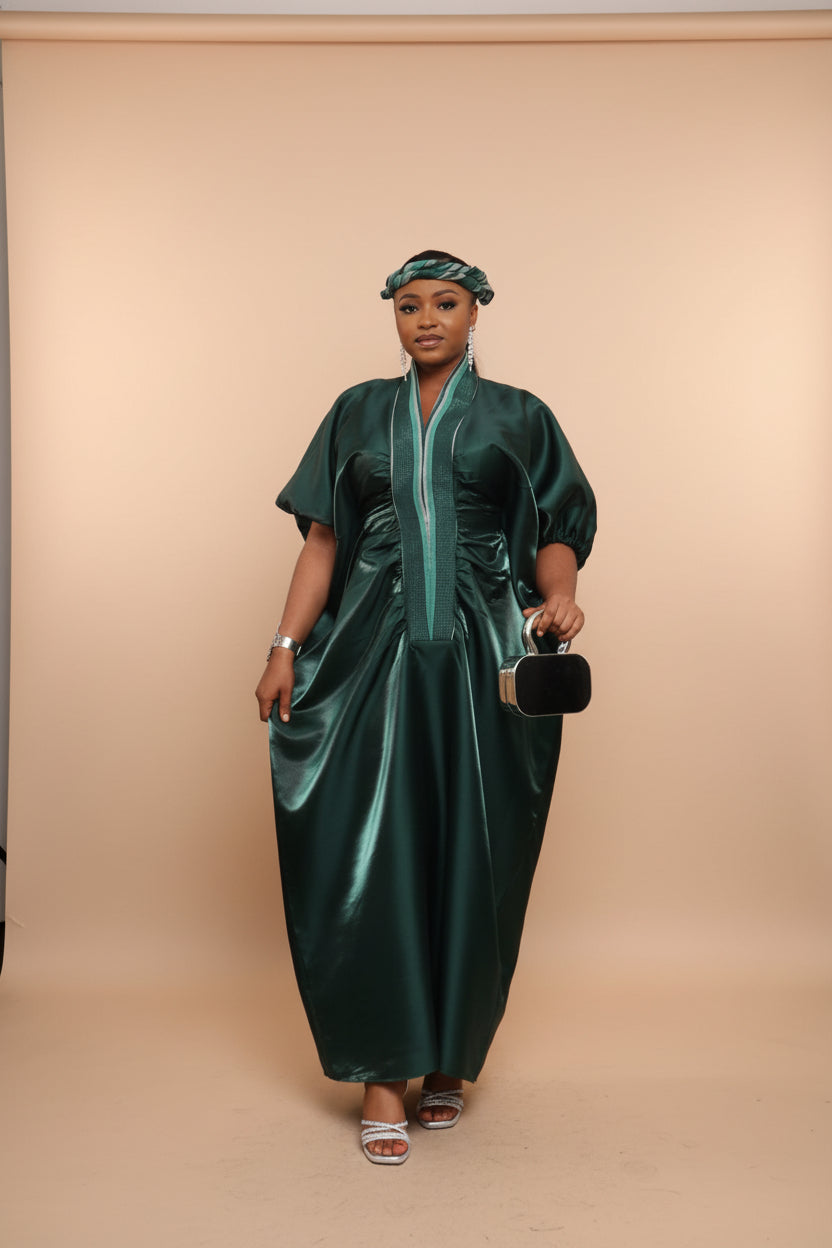 MOFE 2-Piece Liquid Mikado-Asooke Mix Boubou Dress and Hat Set M/L