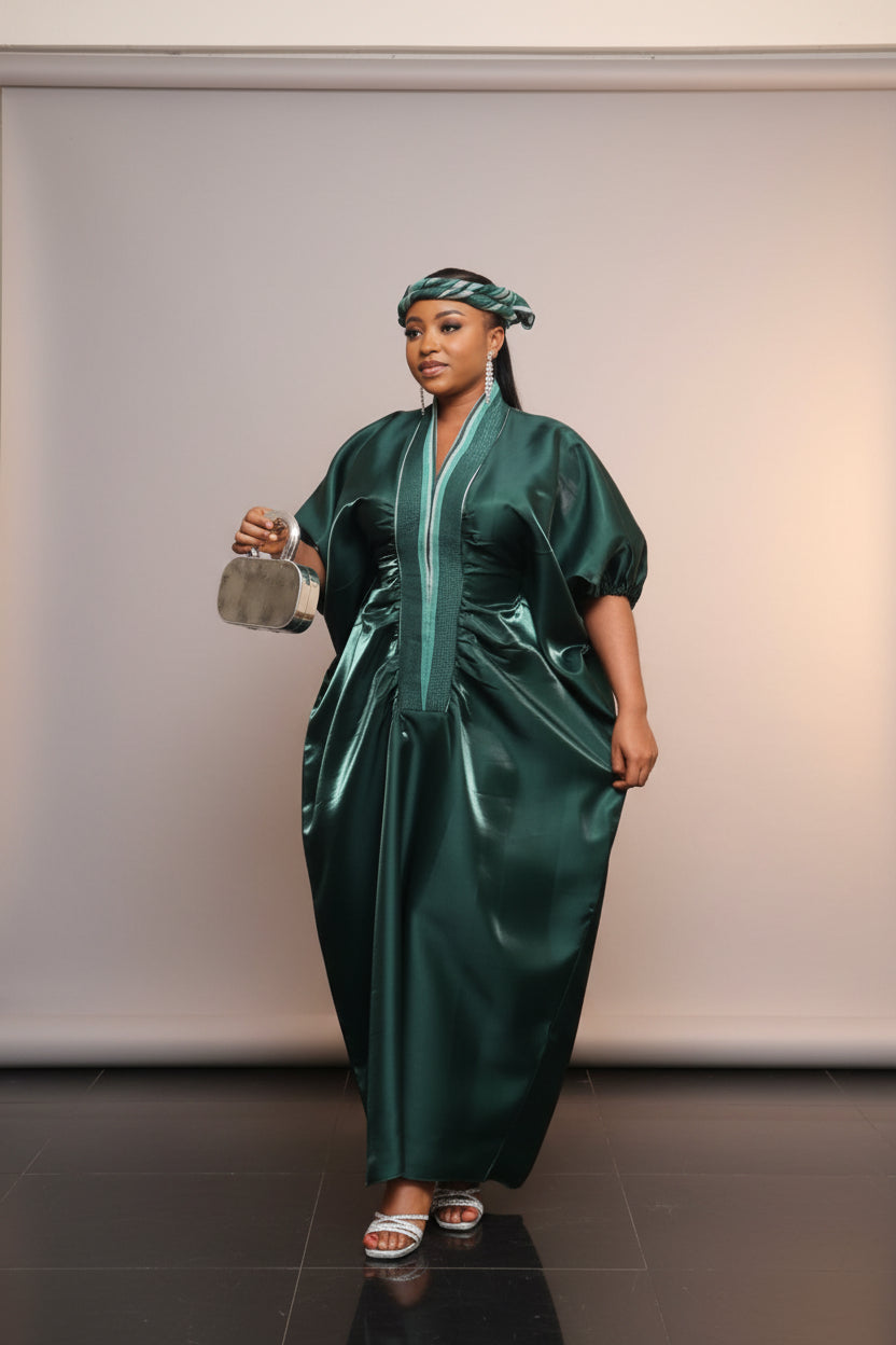 MOFE 2-Piece Liquid Mikado-Asooke Mix Boubou Dress and Hat Set M/L
