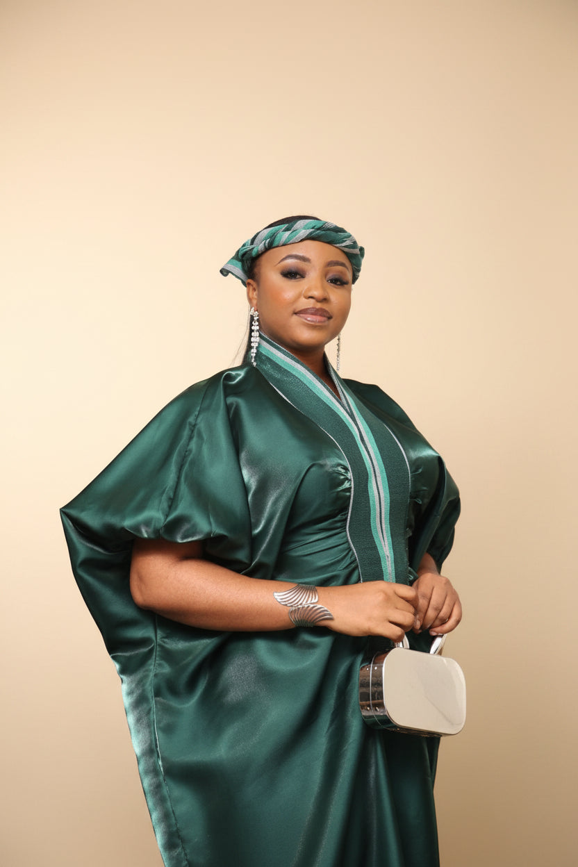 MOFE 2-Piece Liquid Mikado-Asooke Mix Boubou Dress and Hat Set M/L