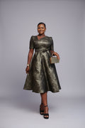 Brocade Self-tie Midi Dress with Rhinestone Embellished Neck Fl