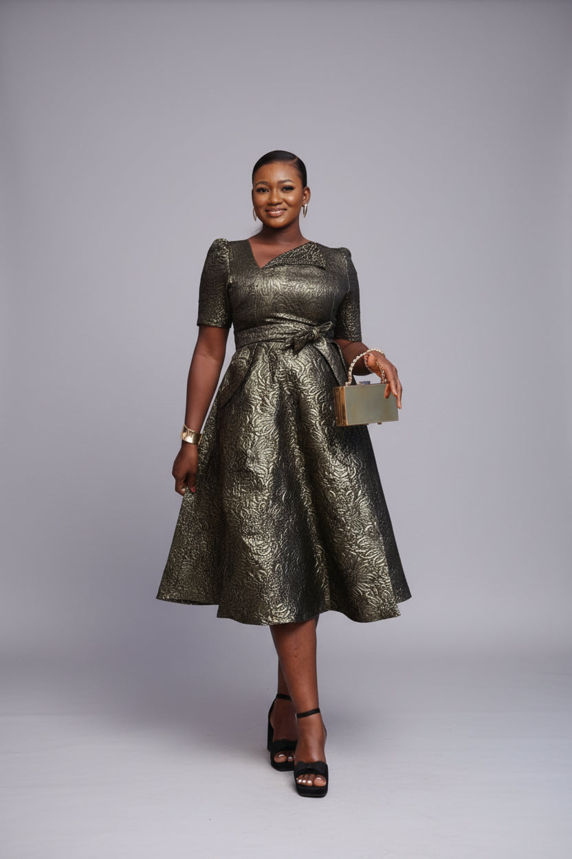 Brocade Self-tie Midi Dress with Rhinestone Embellished Neck Fl