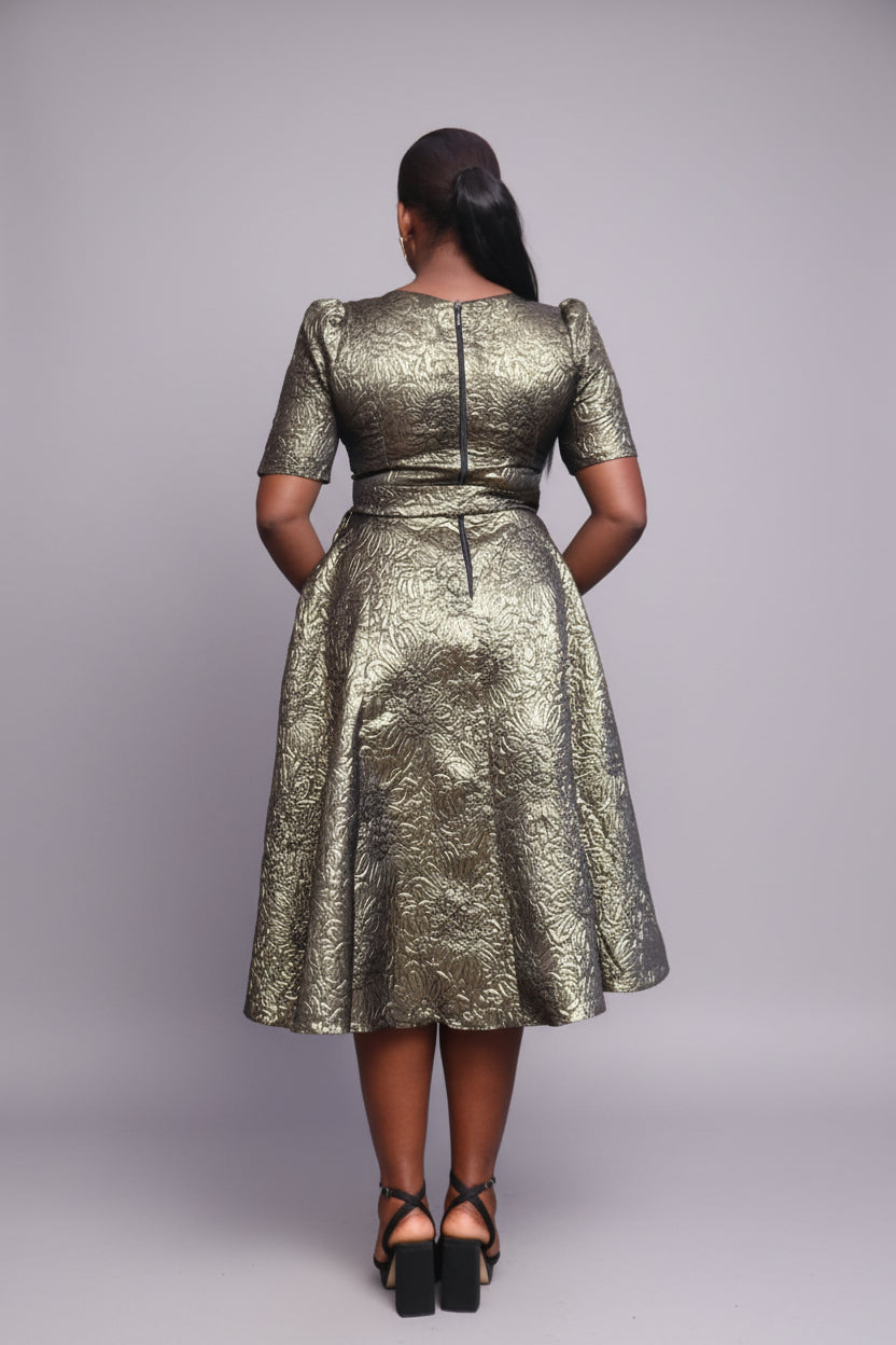 Brocade Self-tie Midi Dress with Rhinestone Embellished Neck Fl