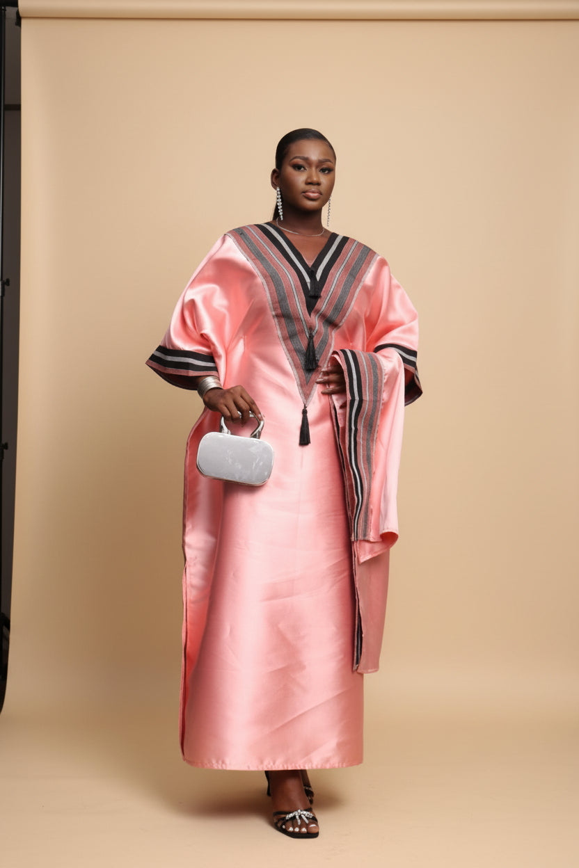 REBECCA V-Shaped Panelled Mikado-Asooke Mix 2 Piece Boubou Dress- Peach