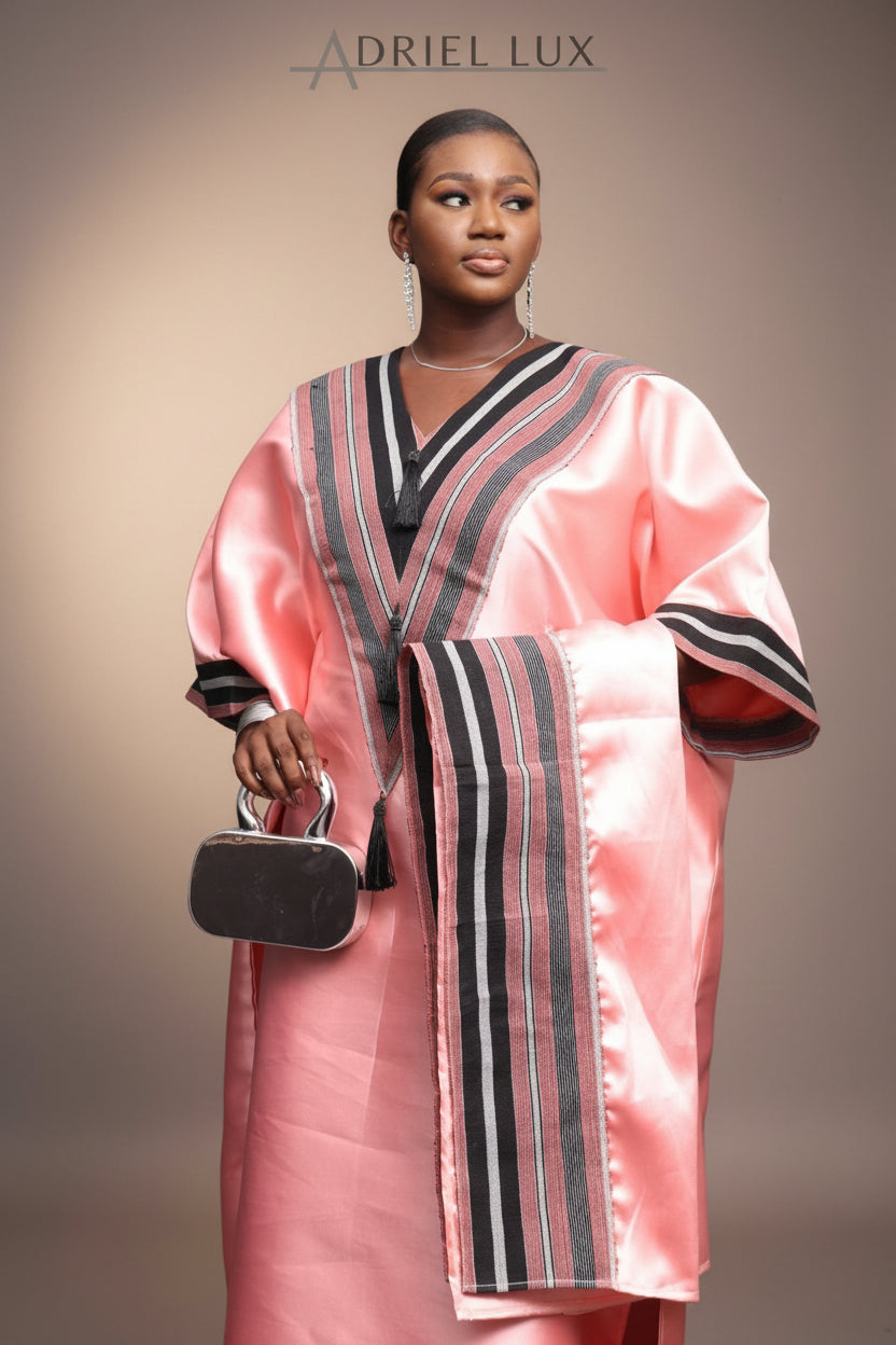 REBECCA V-Shaped Panelled Mikado-Asooke Mix 2 Piece Boubou Dress- Peach