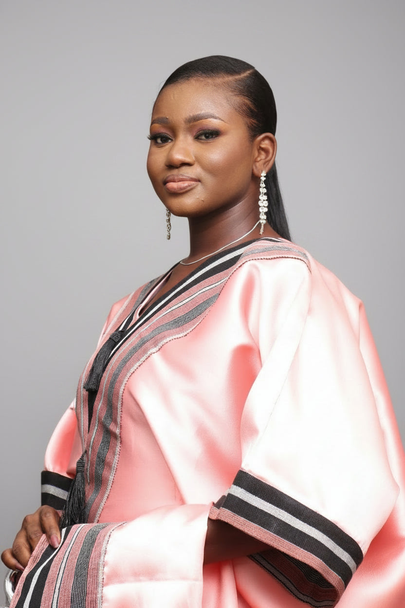 REBECCA V-Shaped Panelled Mikado-Asooke Mix 2 Piece Boubou Dress- Peach
