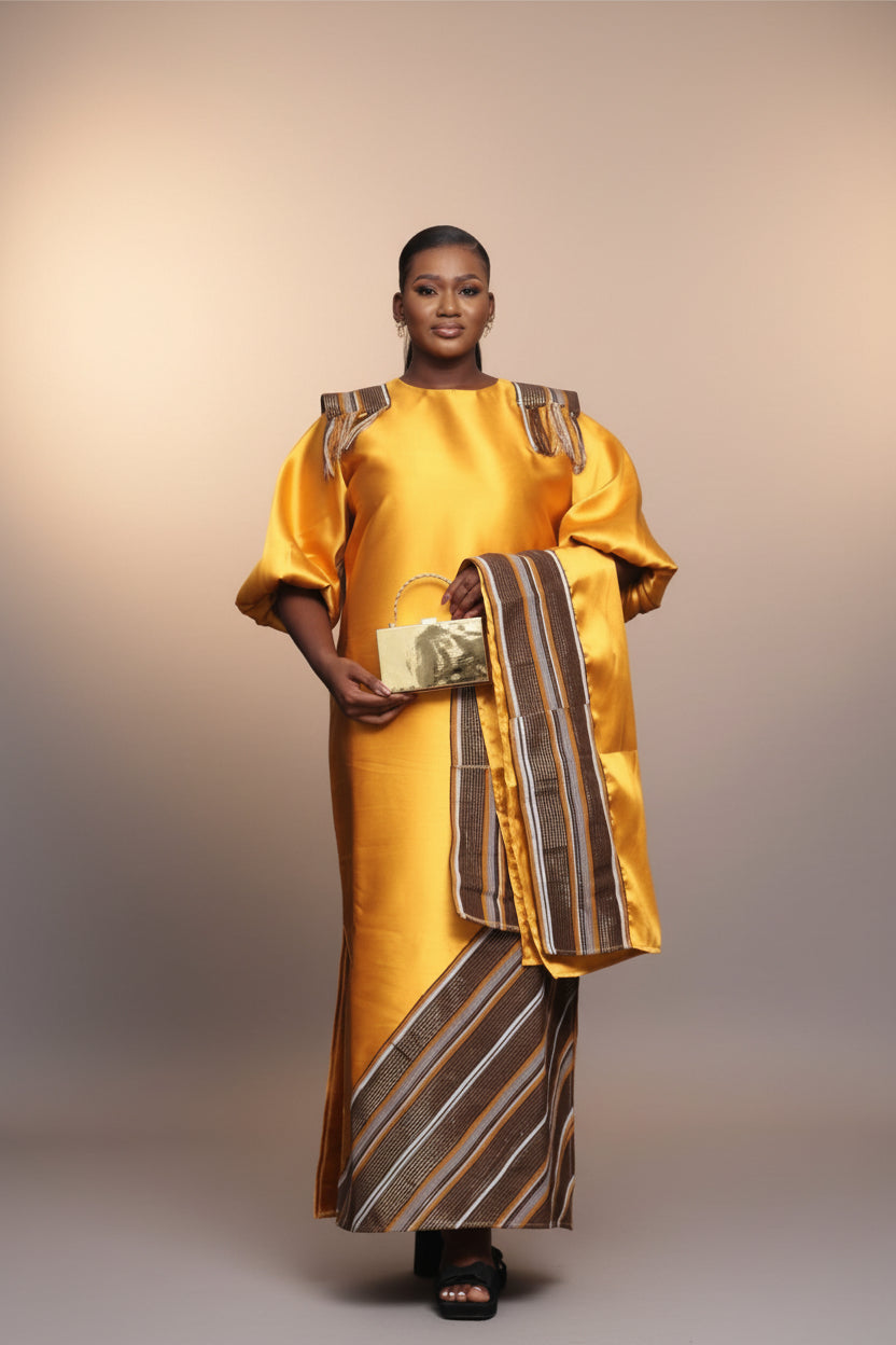 REBECCA03 Shoulder Panelled Mikado-Asooke Mix Boubou Dress- Yellow