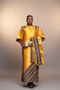 REBECCA03 Shoulder Panelled Mikado-Asooke Mix Boubou Dress- Yellow