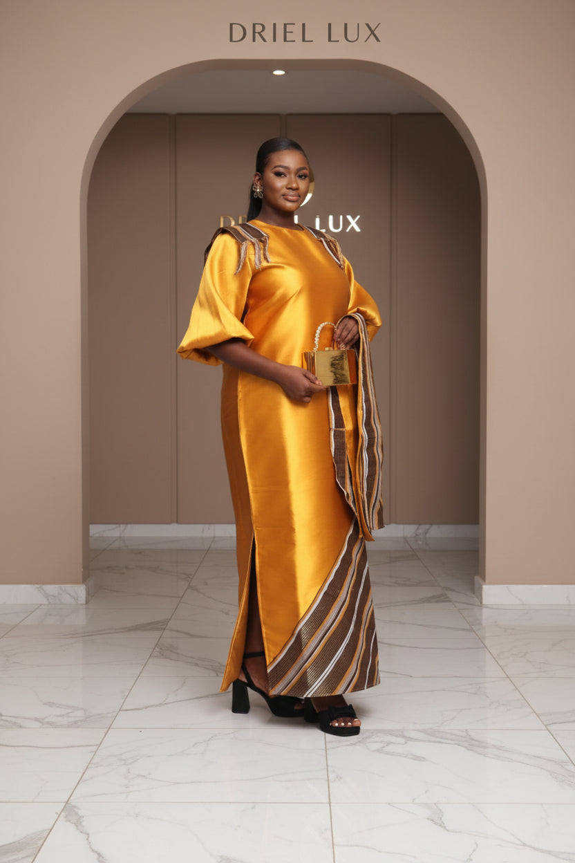 REBECCA03 Shoulder Panelled Mikado-Asooke Mix Boubou Dress- Yellow