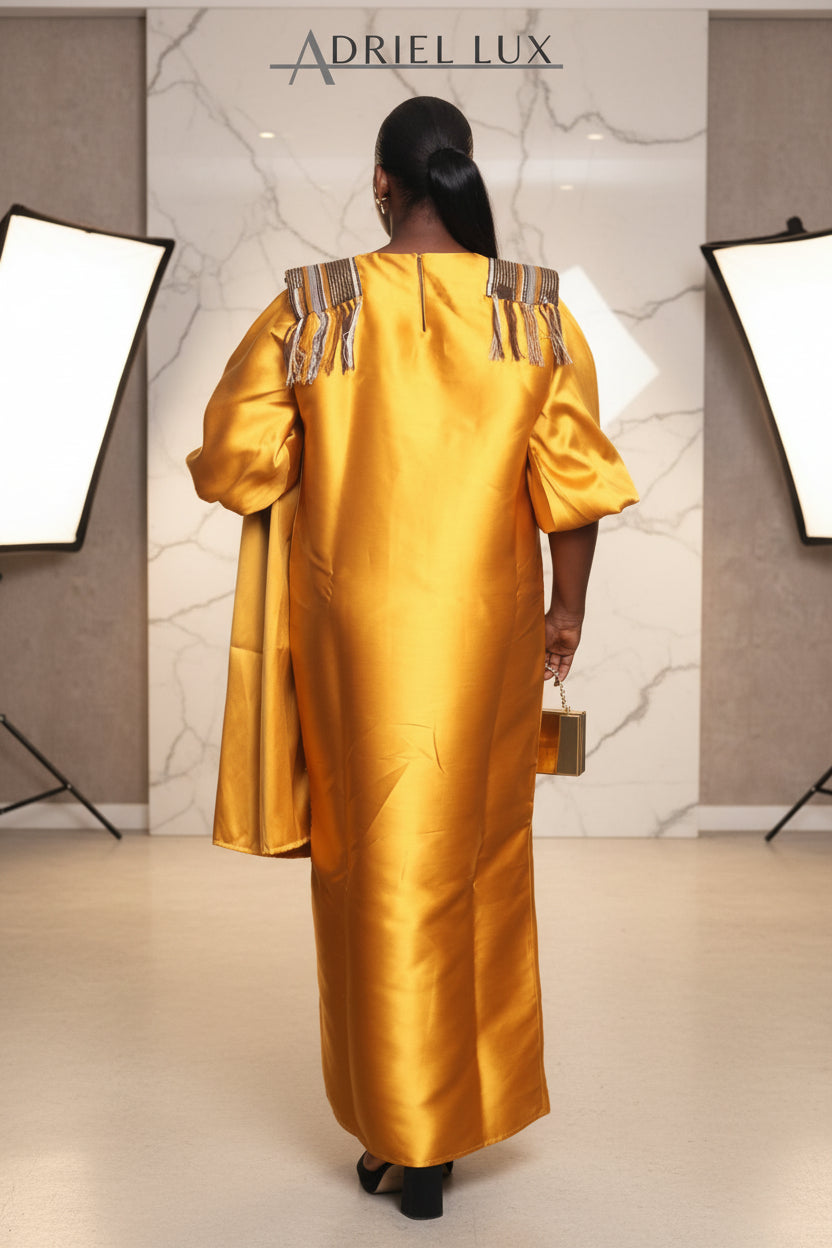 REBECCA03 Shoulder Panelled Mikado-Asooke Mix Boubou Dress- Yellow