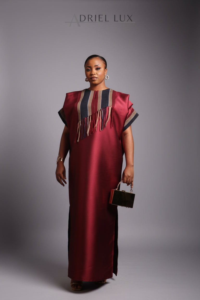 REBECCA02 Fringed Panelled Mikado-Asooke Mix Boubou Dress- Burgundy