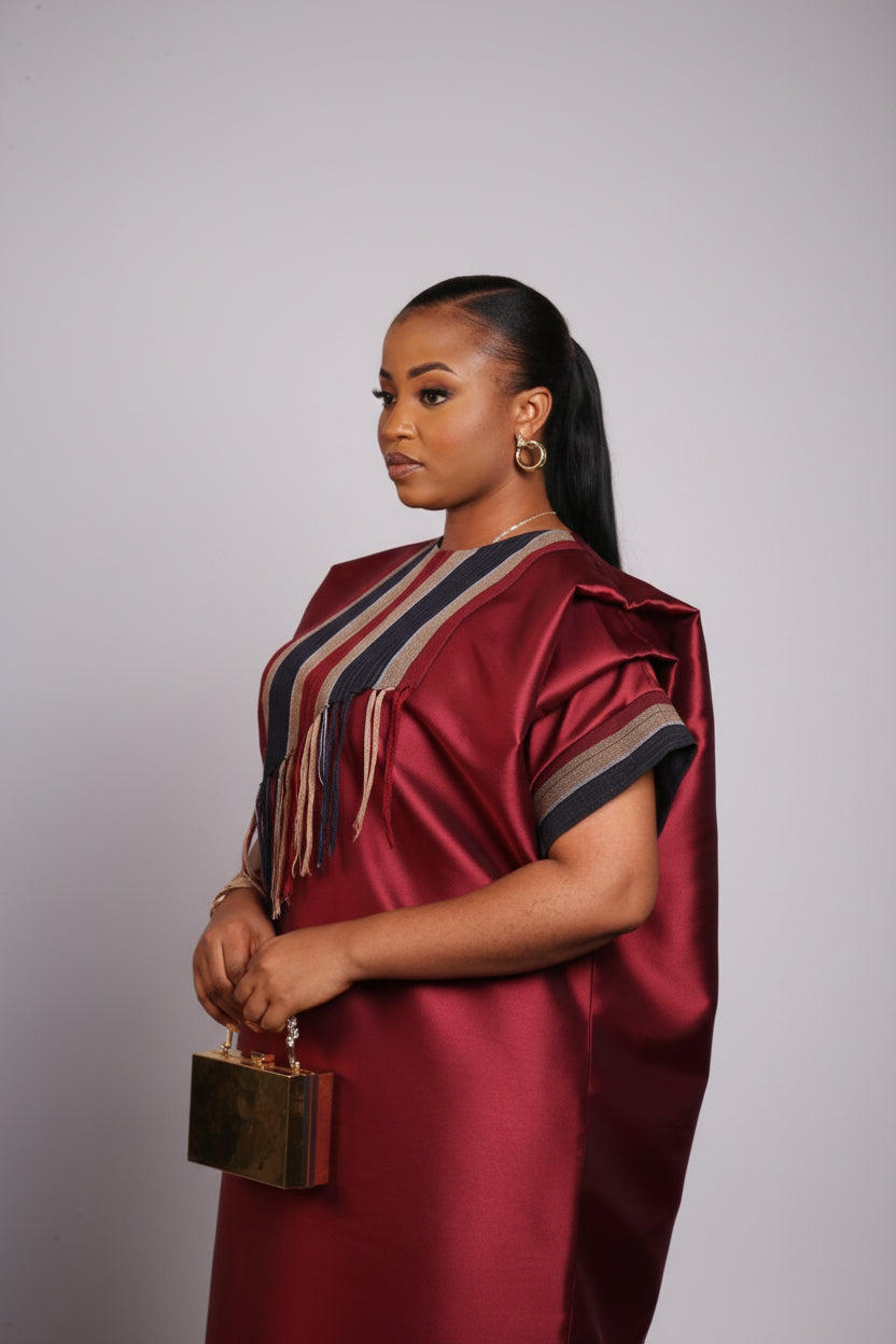 REBECCA02 Fringed Panelled Mikado-Asooke Mix Boubou Dress- Burgundy