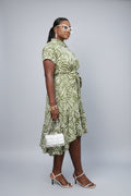 Printed Self-Tie Hi-Low Shirt Dress-Green/Ivory