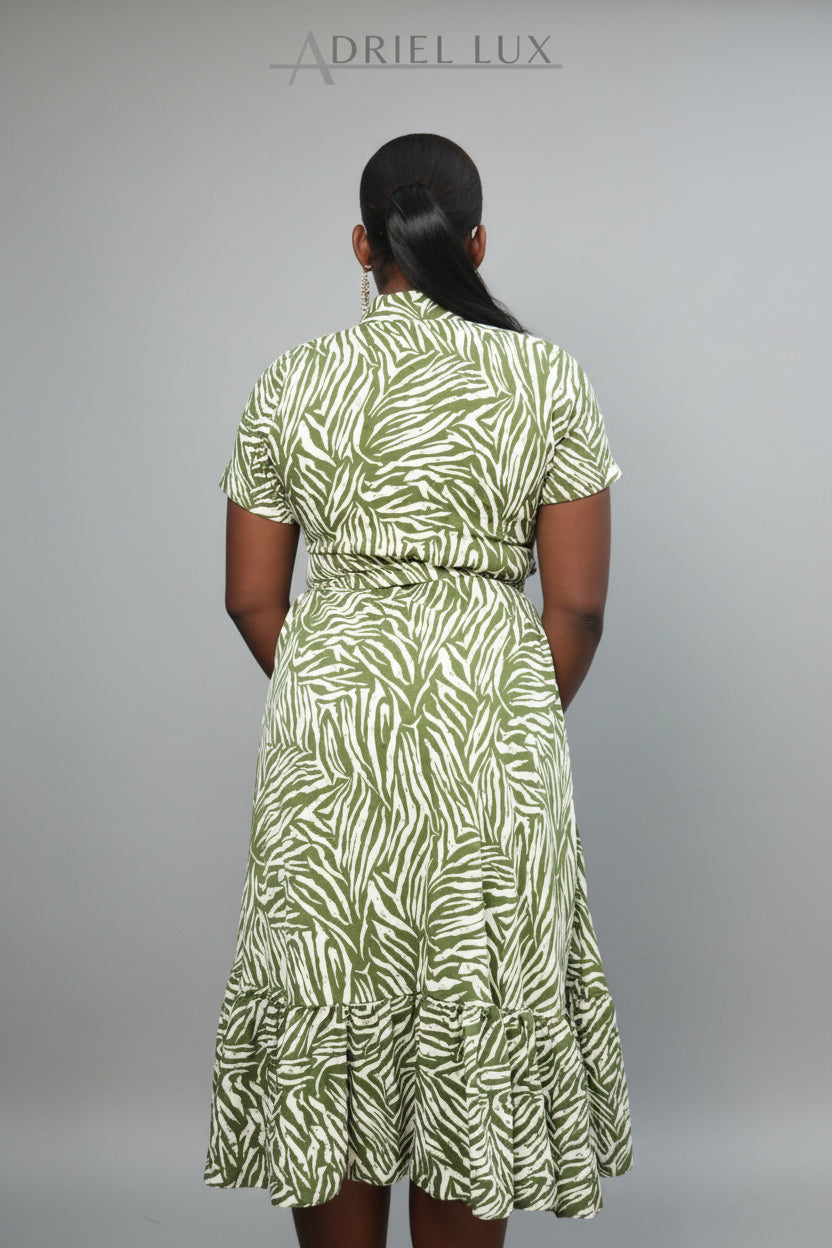 Printed Self-Tie Hi-Low Shirt Dress-Green/Ivory