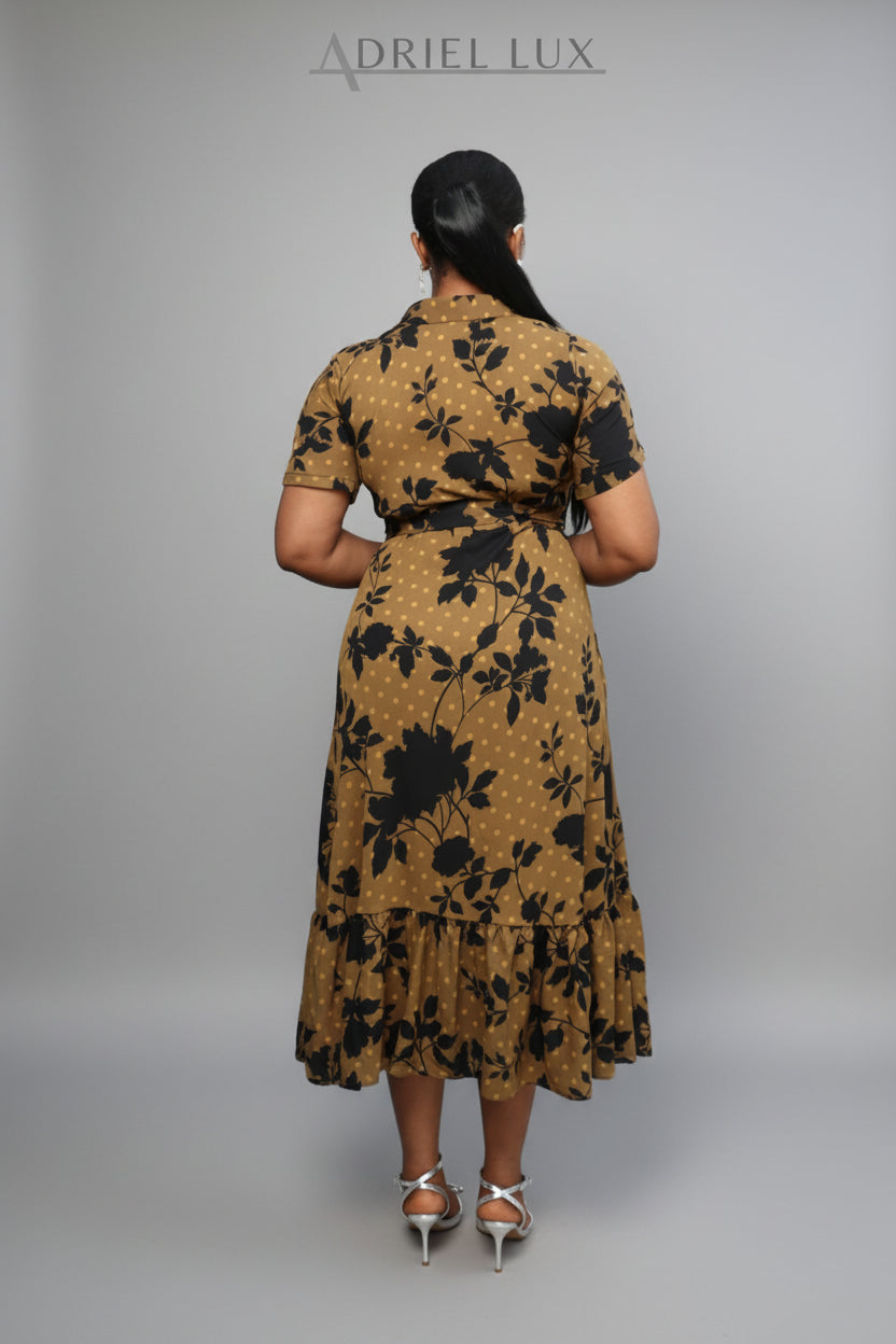 Floral Printed Self-Tie Hi-Low Shirt Dress- Black/Beige/Multi