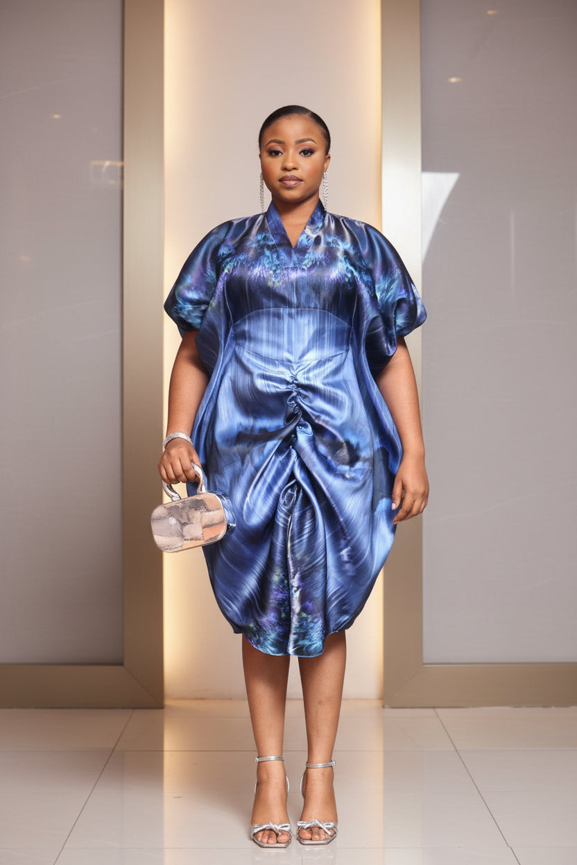 PEJU02 Button detailed Corset-Cut Liquid Mikado Boubou- Blue/Multi