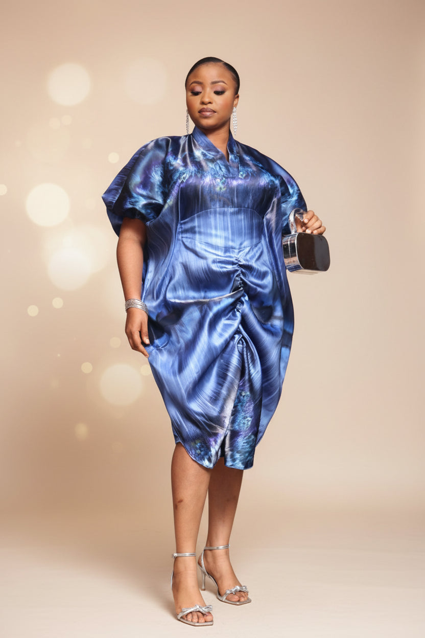 PEJU02 Button detailed Corset-Cut Liquid Mikado Boubou- Blue/Multi