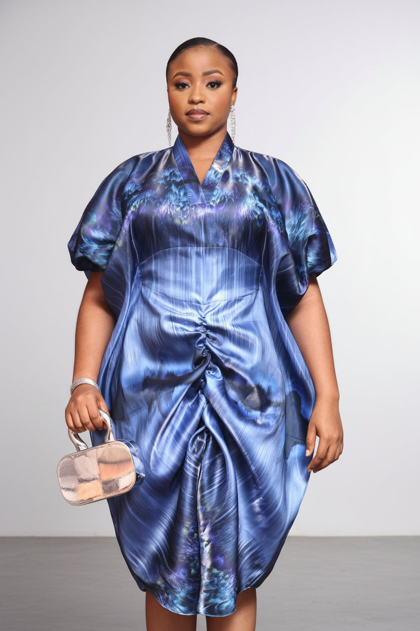 PEJU02 Button detailed Corset-Cut Liquid Mikado Boubou- Blue/Multi