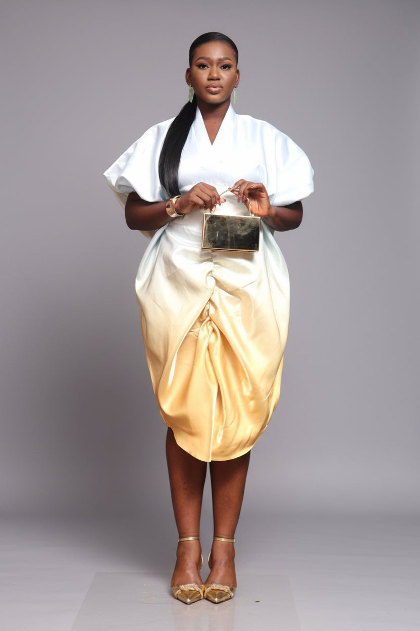 PEJU02 Button detailed Corset-Cut Liquid Mikado Boubou- Gold/Ombre