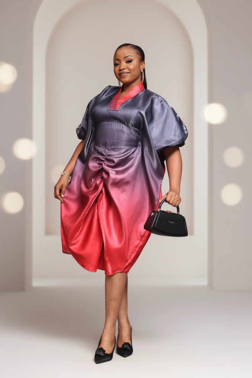 PEJU02 Button detailed Corset-Cut Liquid Mikado Boubou- Blk/Red/Ombre