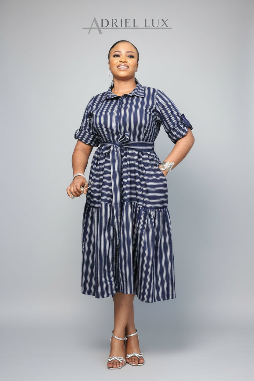 Self-Tie Flared-Hem Stripped Shirt Dress-Navy/Ash