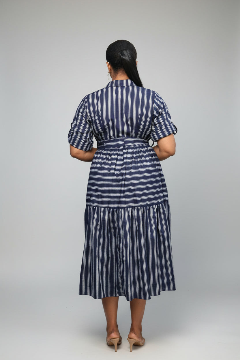 Self-Tie Flared-Hem Stripped Shirt Dress-Navy/Ash