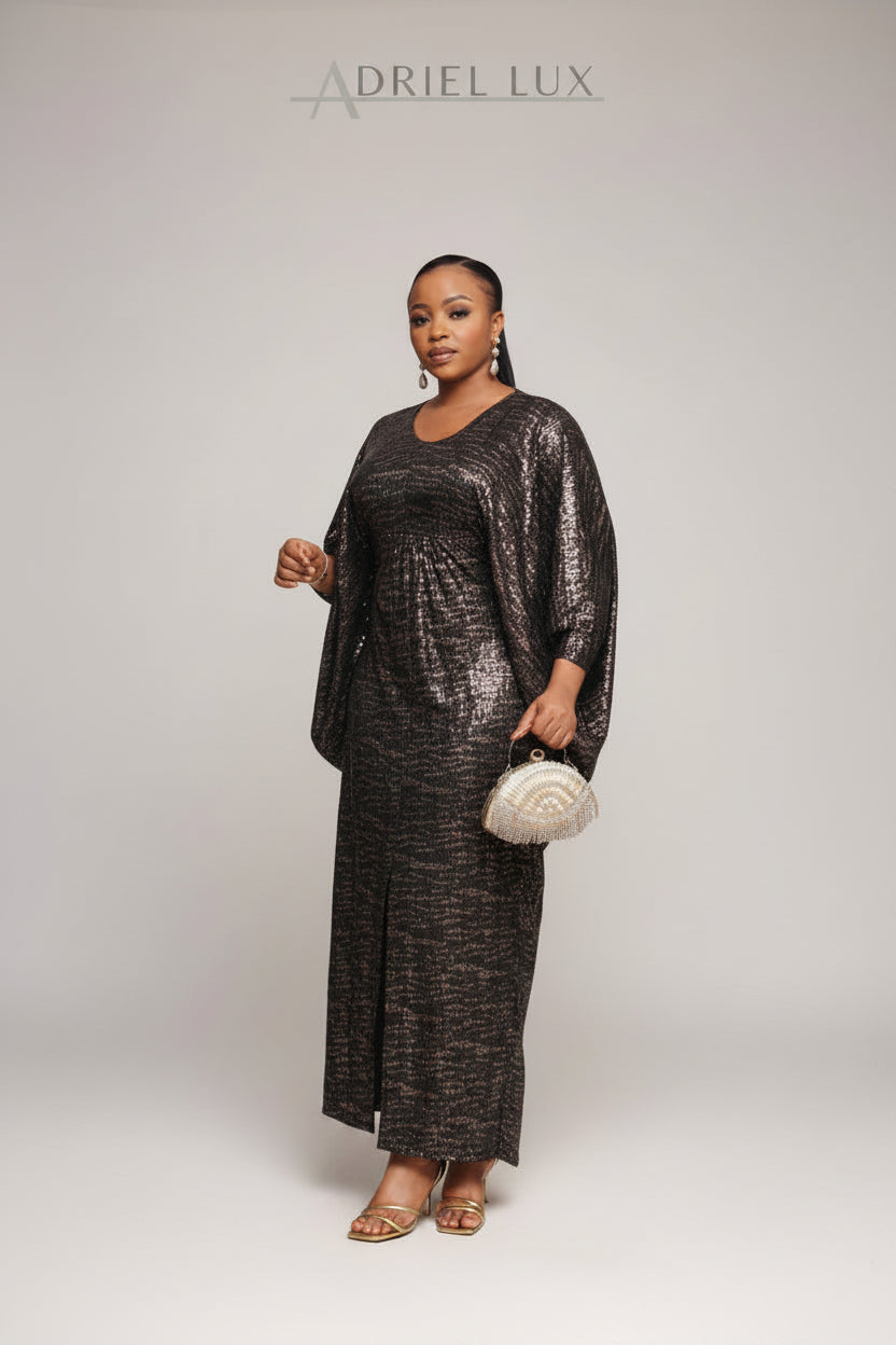 ABIOLA 2-Piece Sequined Boubou and Hat Set-BROWN