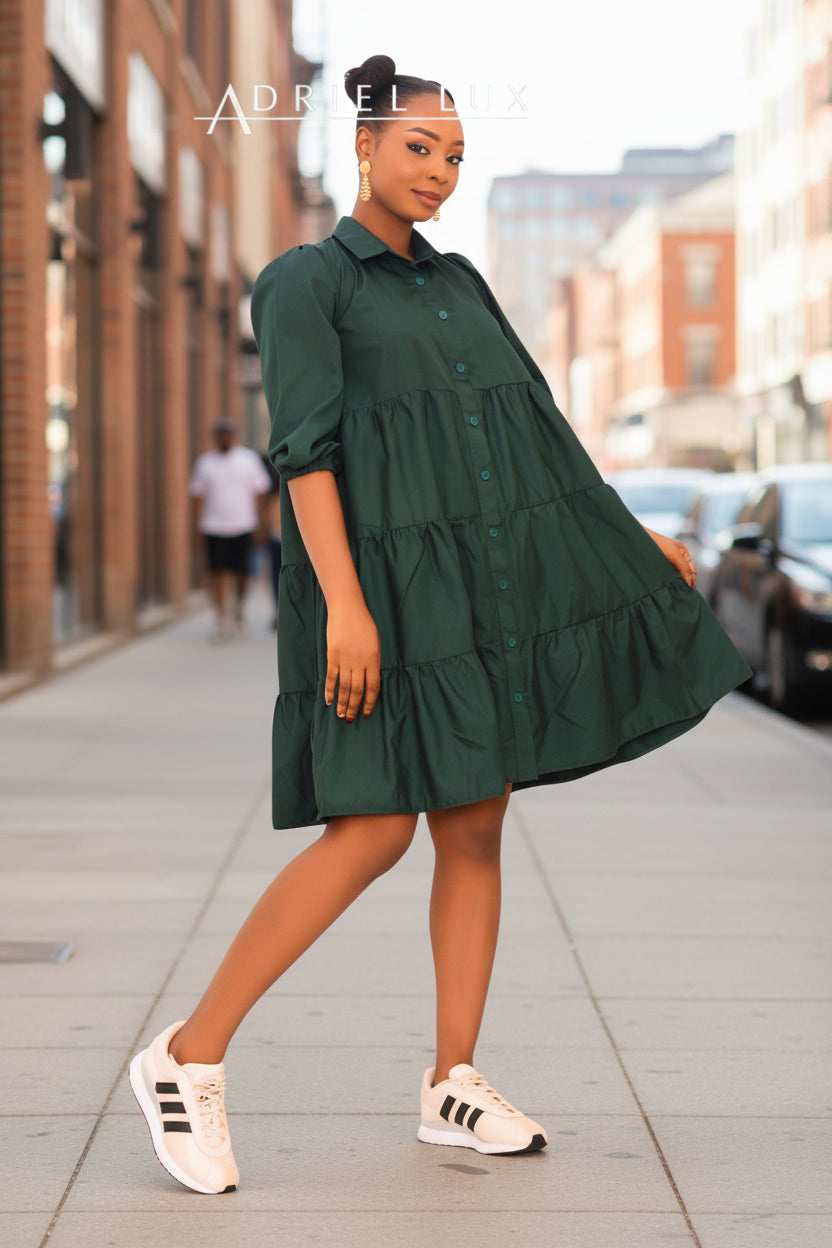 Button-Down Tiered Midi Shirt Dress