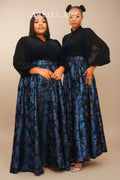 2PC Botton-Down Jacquard Chiffon Top with Damask Maxi Skirt Co-ord Set