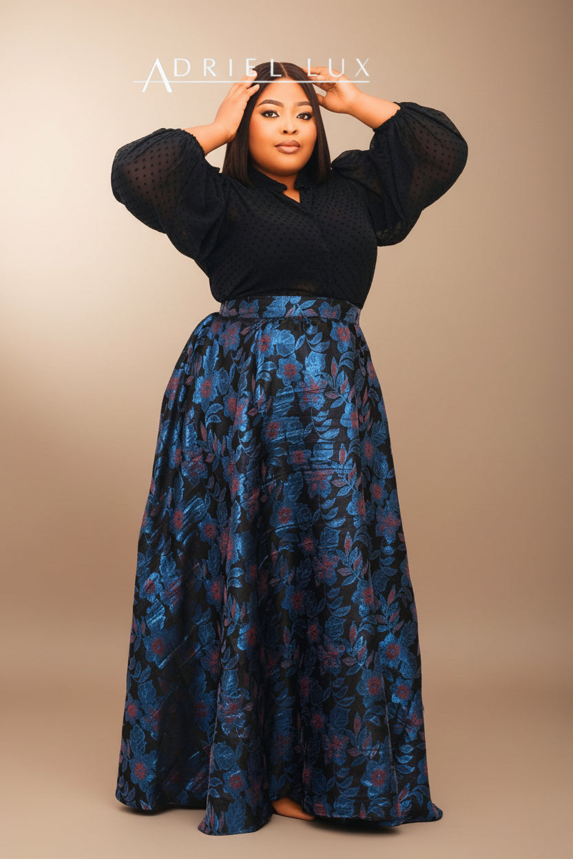 2PC Botton-Down Jacquard Chiffon Top with Damask Maxi Skirt Co-ord Set