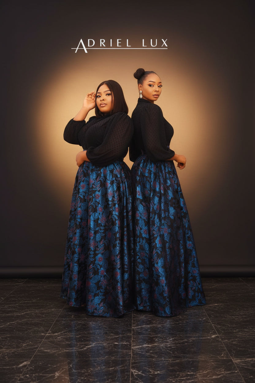 2PC Botton-Down Jacquard Chiffon Top with Damask Maxi Skirt Co-ord Set