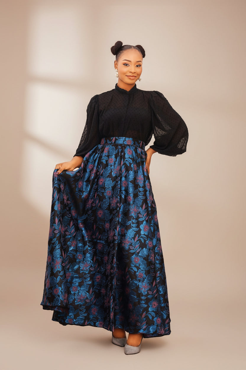 2PC Botton-Down Jacquard Chiffon Top with Damask Maxi Skirt Co-ord Set