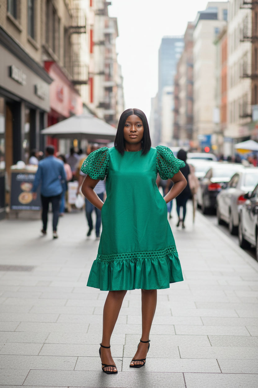 Puff Sleeved Flare Hem Midi Dress