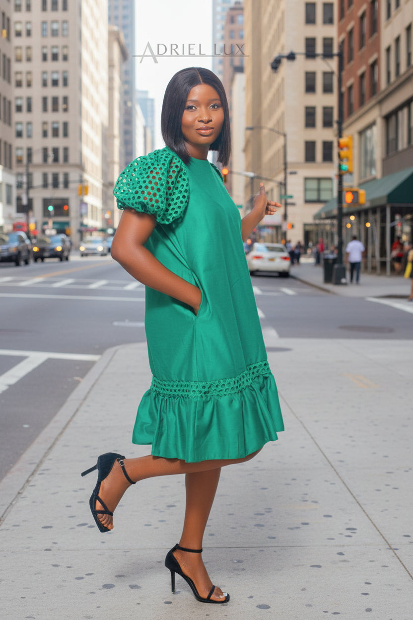 Puff Sleeved Flare Hem Midi Dress