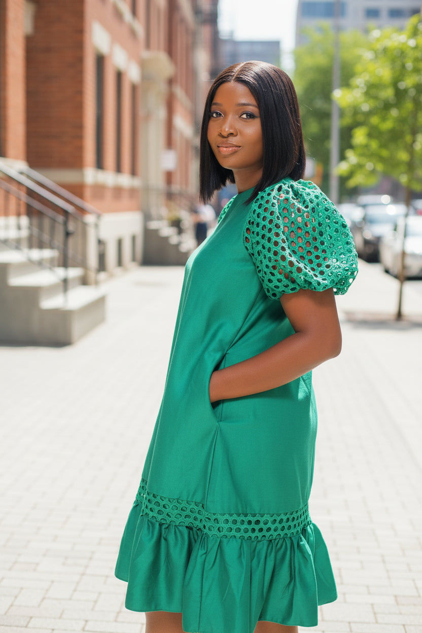Puff Sleeved Flare Hem Midi Dress