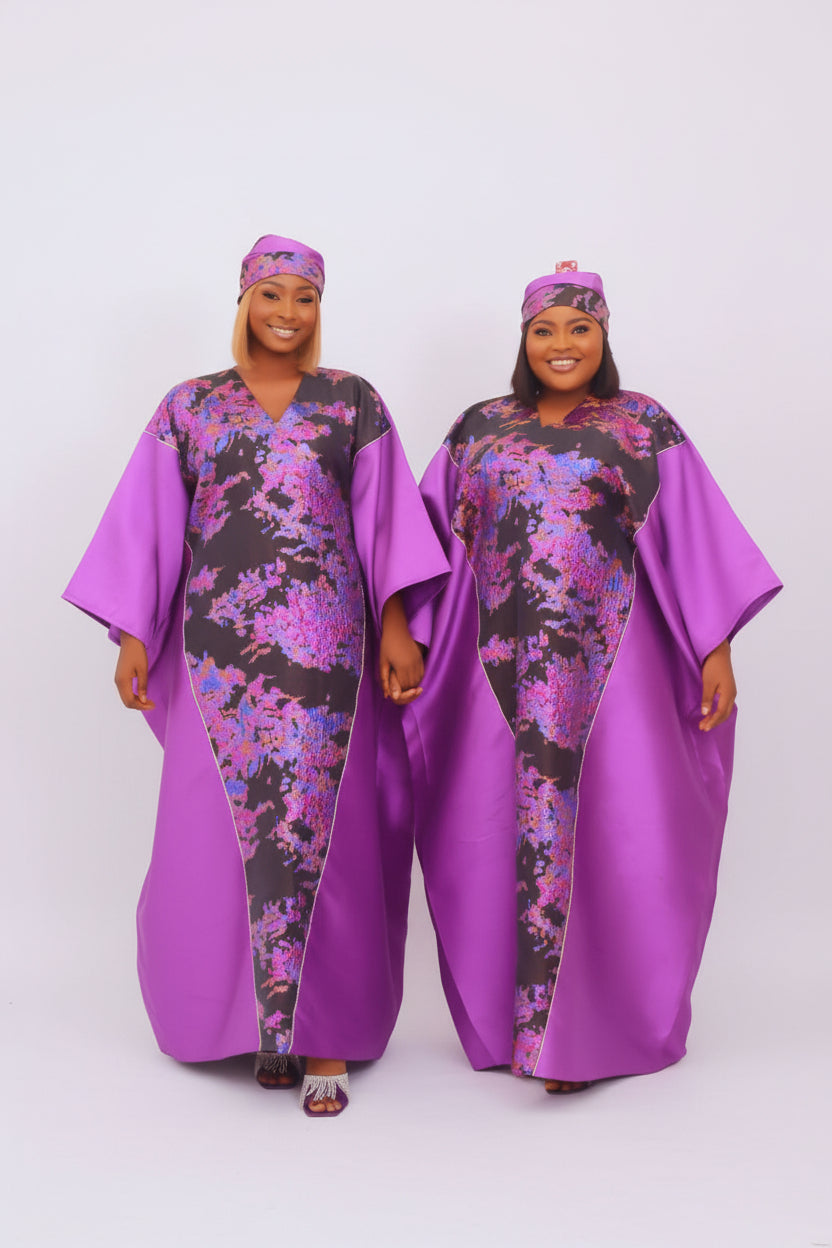 OLA03 Rhinestone-Embellished V-Panelled Brocade-Mikado Mix Boubou Dress