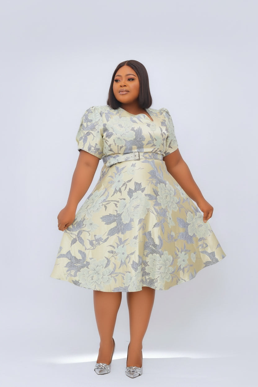 Belted Asymmetric Neckline Brocade Midi Flare Dress