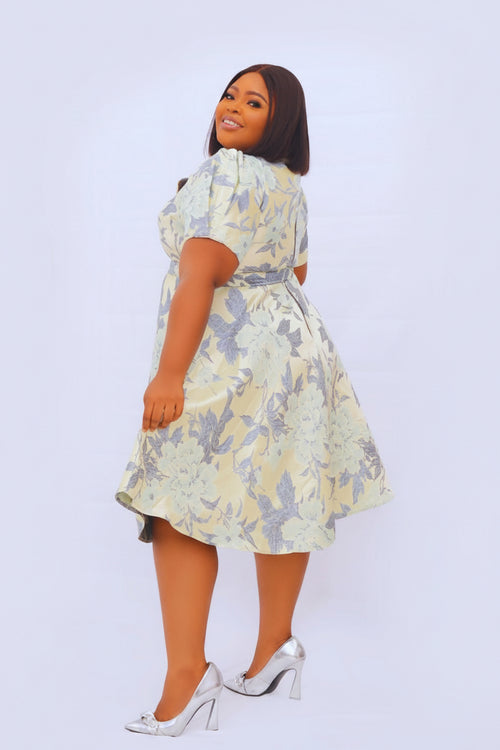 Belted Asymmetric Neckline Brocade Midi Flare Dress