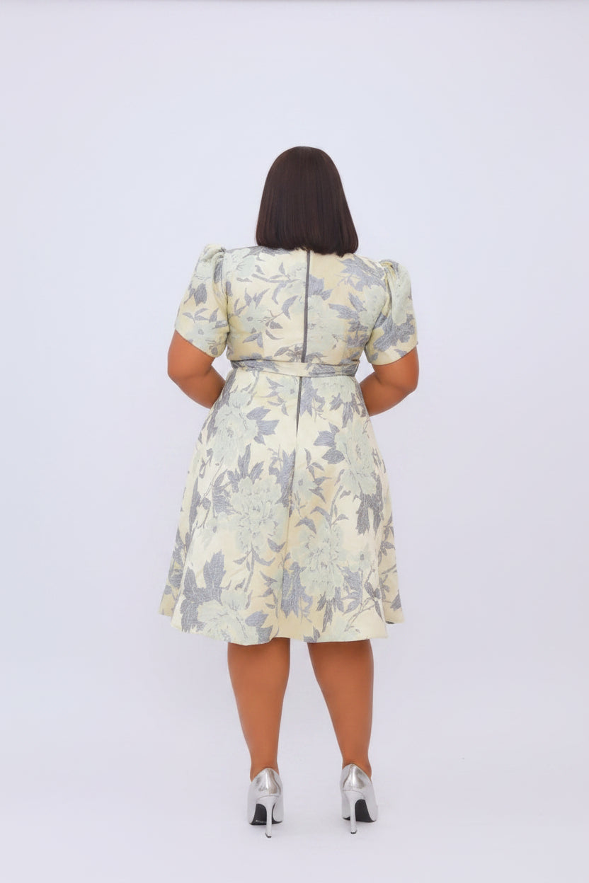 Belted Asymmetric Neckline Brocade Midi Flare Dress