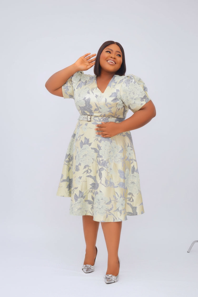 Belted Asymmetric Neckline Brocade Midi Flare Dress