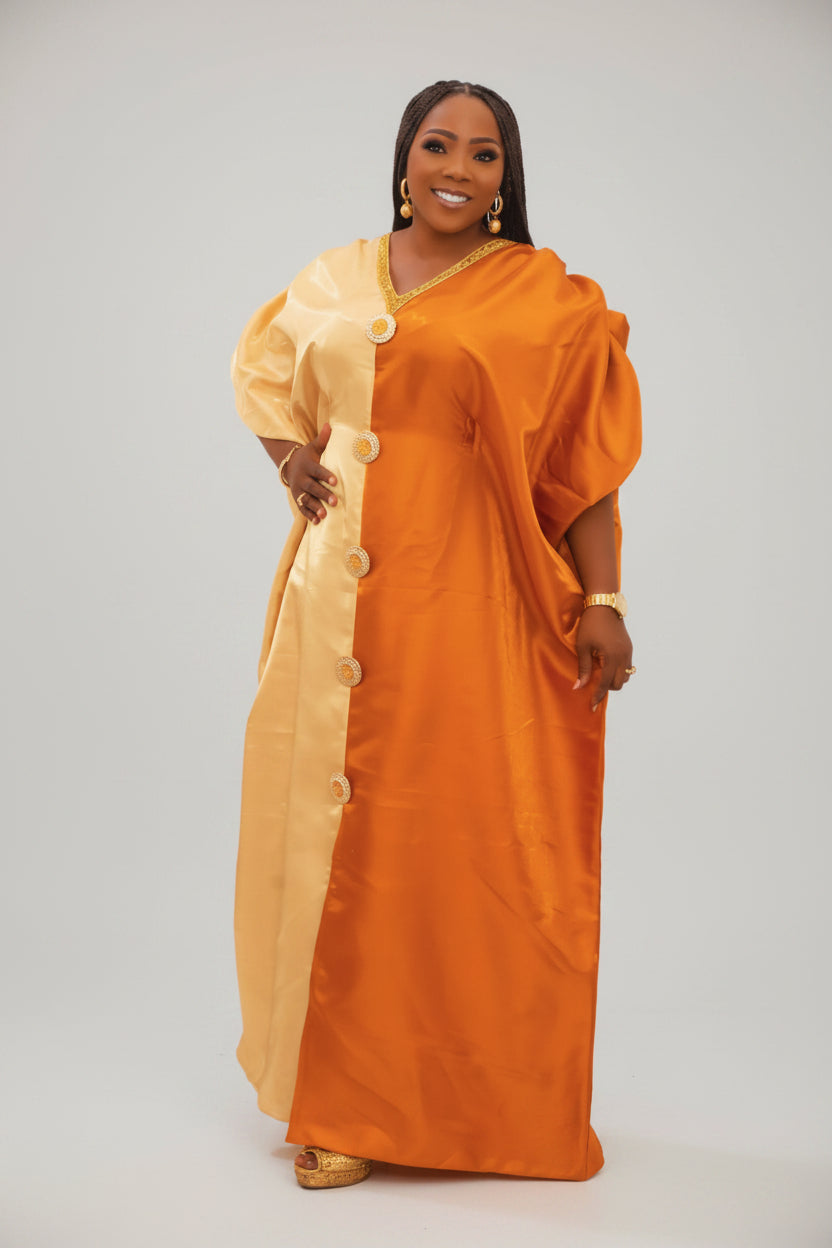 Puff Sleeve Color-Blocked Liquid Mikado Boubou Dress With Button-Down Front Panel L/XL