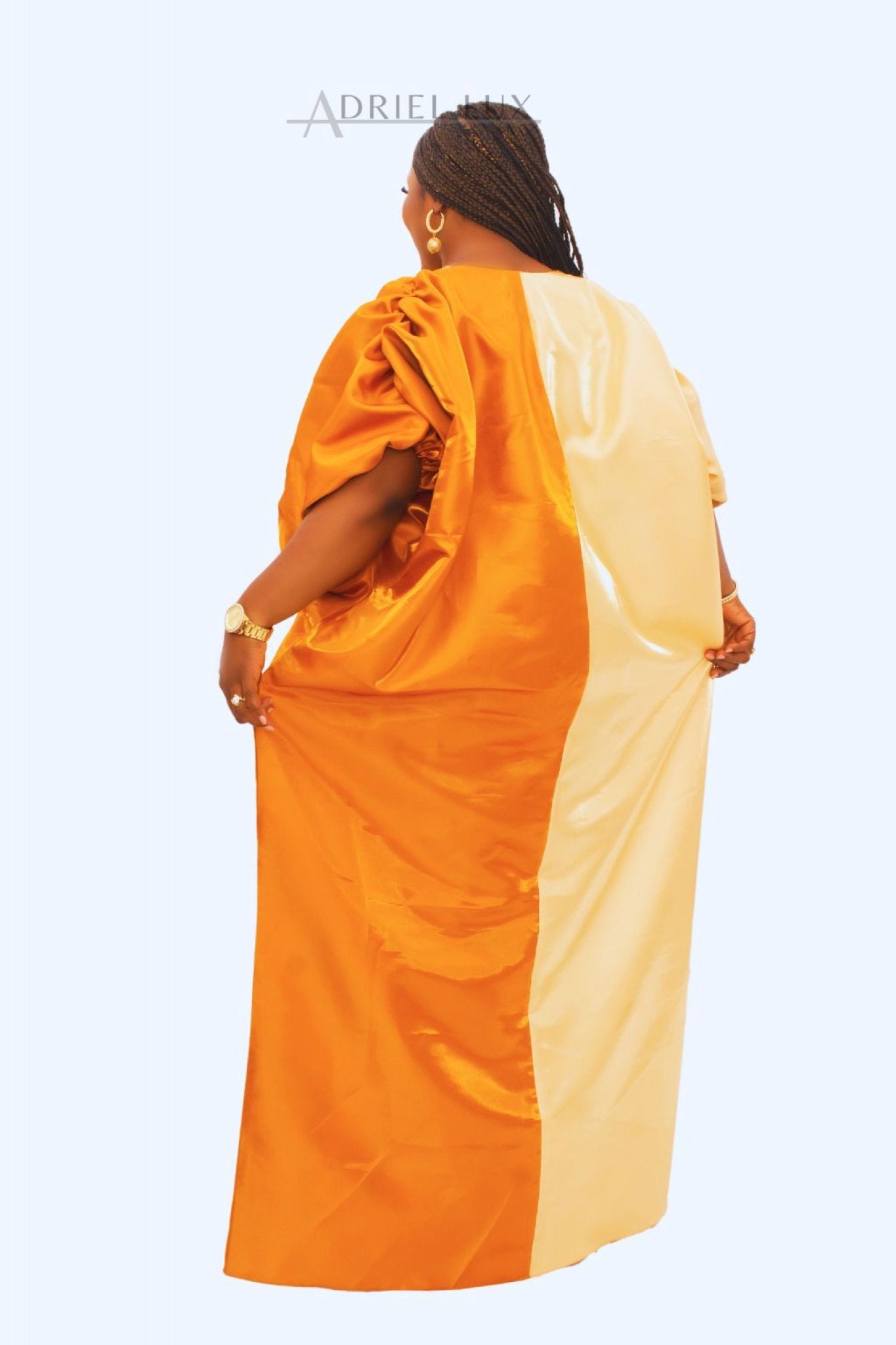Puff Sleeve Color-Blocked Liquid Mikado Boubou Dress With Button-Down Front Panel L/XL