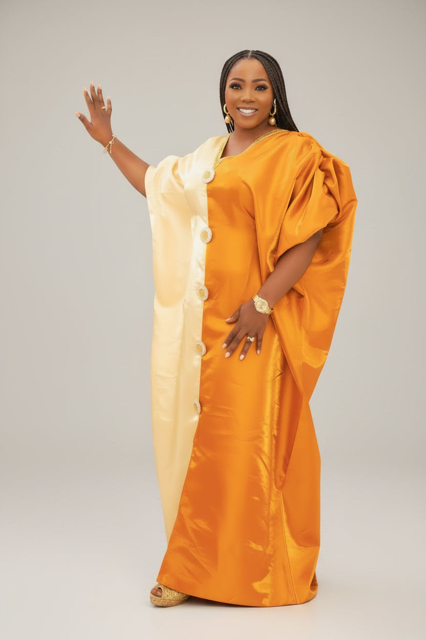 Puff Sleeve Color-Blocked Liquid Mikado Boubou Dress With Button-Down Front Panel L/XL