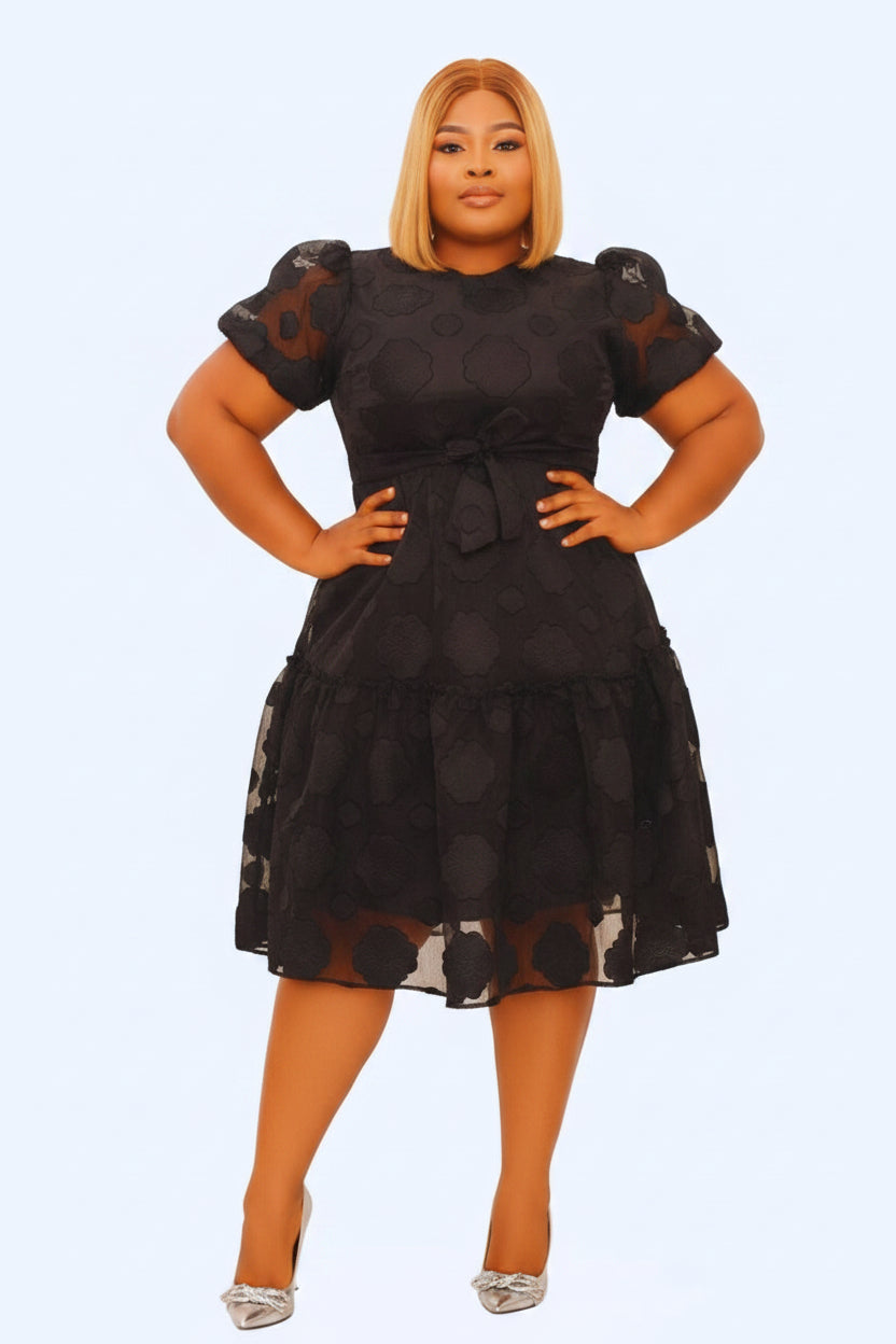 Self-Tie Brocade Organza Midi Flare Dress