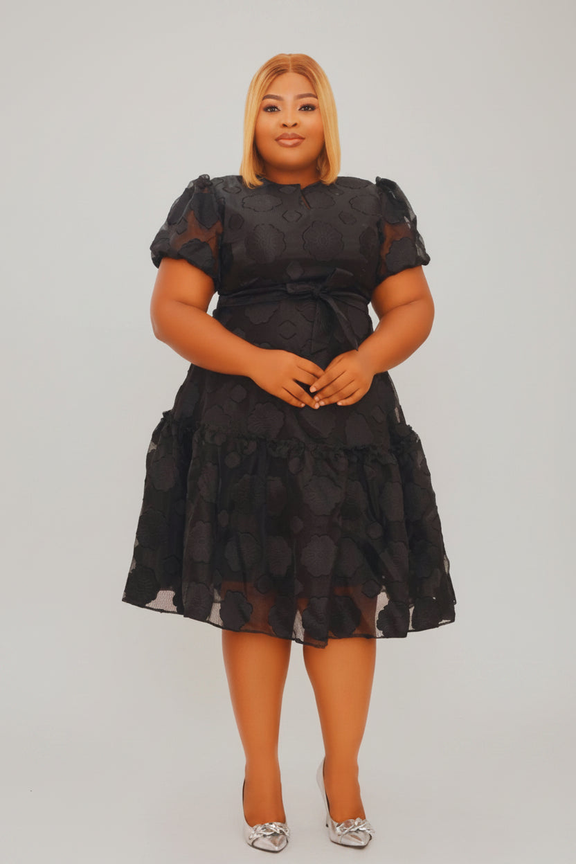 Self-Tie Brocade Organza Midi Flare Dress
